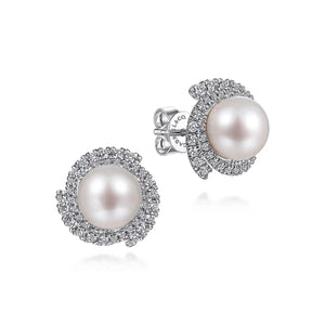 Gabriel & Co. Round Cultured Pearl Swirling Diamond Halo Stud Earrings