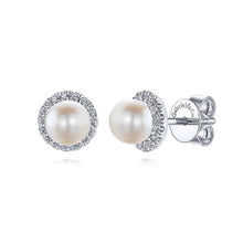 Load image into Gallery viewer, Gabriel &amp; Co. Round Diamond Halo Pearl Stud Earrings
