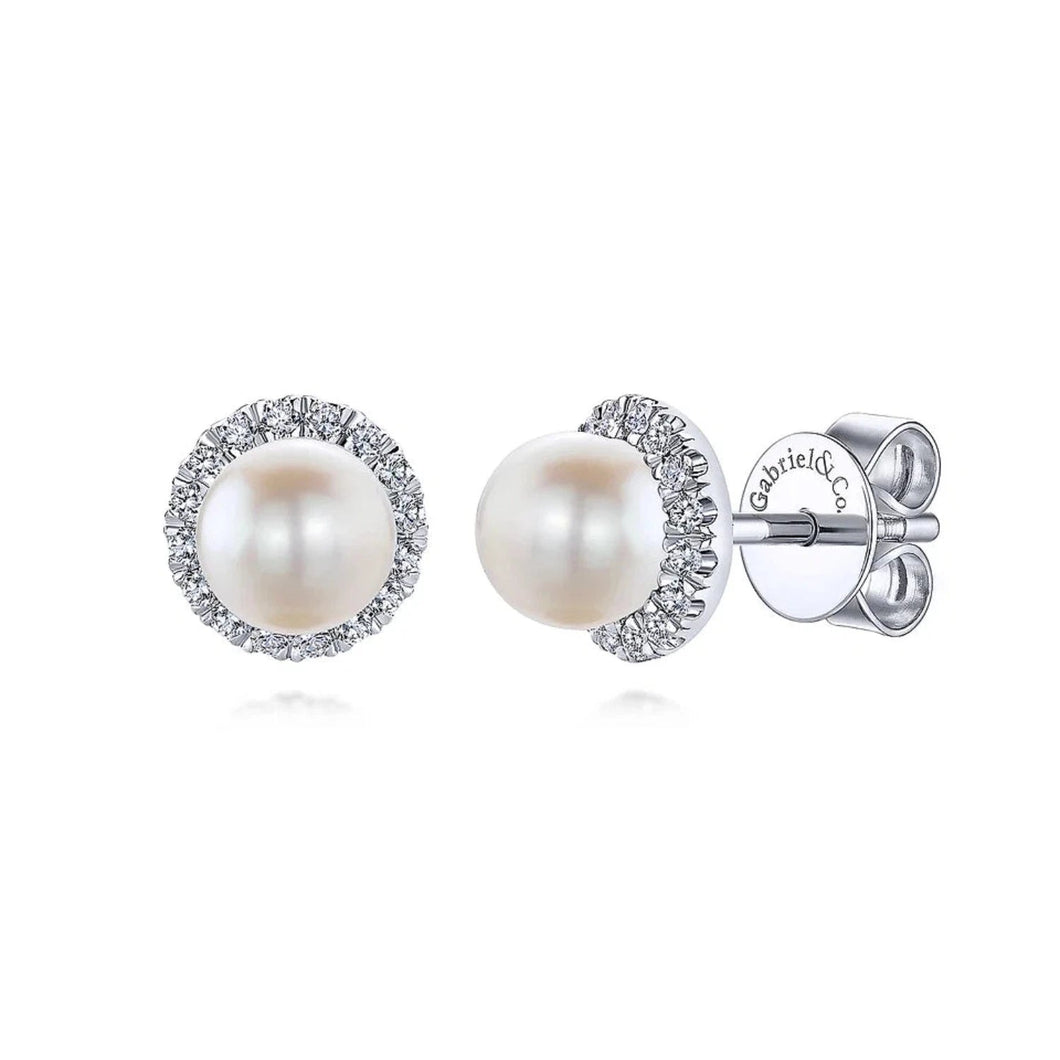 Gabriel & Co. Round Diamond Halo Pearl Stud Earrings