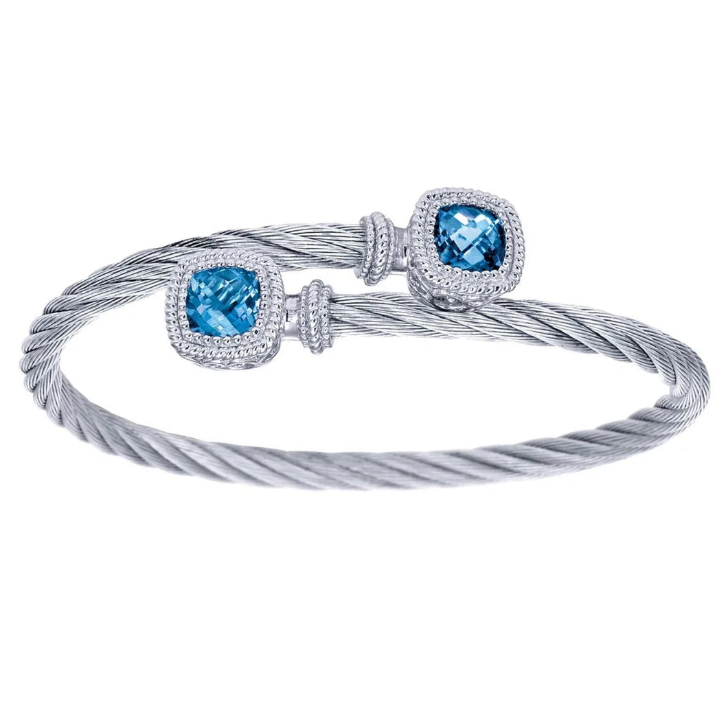 Gabriel & Co. Steel and Sterling Silver Swiss Blue Topaz Cable Bangle