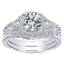 Load image into Gallery viewer, Gabriel &amp; Co. Tallulah Three Stone Milgrain Halo Diamond Engagement Ring
