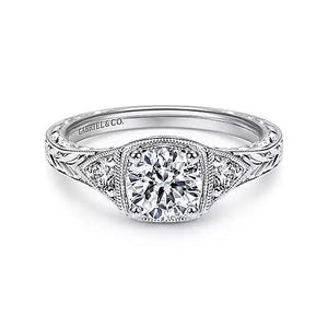 Gabriel & Co. Tallulah Three Stone Milgrain Halo Diamond Engagement Ring