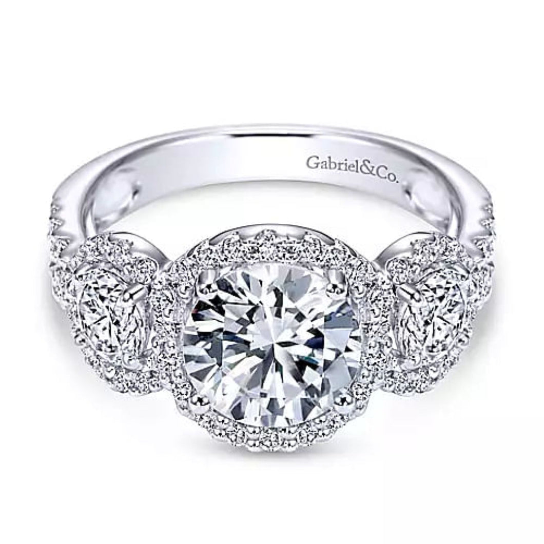 Gabriel & Co. Three Stone Halo Diamond Engagement Ring