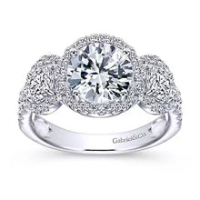 Load image into Gallery viewer, Gabriel &amp; Co. Three Stone Halo Diamond Engagement Ring
