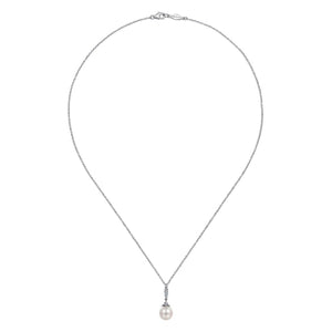 Gabriel Cultured Pearl and Pave Diamond Drop Pendant Necklace