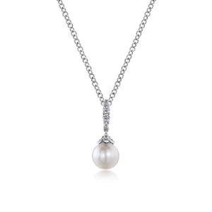 Gabriel Cultured Pearl and Pave Diamond Drop Pendant Necklace