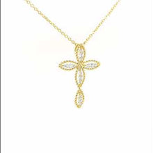 Load and play video in Gallery viewer, Lafonn Gold Plated Simulated Diamond Rope Texture Cross Pendant
