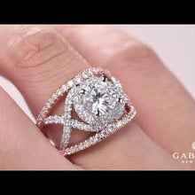 Load and play video in Gallery viewer, Gabriel &quot;Naples&quot; Two-Tone Rose &amp; White Halo Diamond Engagement Ring
