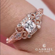 Load and play video in Gallery viewer, Gabriel &quot;Halsey&quot; Victorian Style Filigree Diamond Halo Engagement Ring
