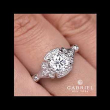 Load and play video in Gallery viewer, Gabriel &quot;Columbus&quot; Art Deco Style Halo Diamond Engagement Ring
