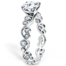 Load image into Gallery viewer, Kirk Kara White Gold &quot;Angelique&quot; Diamond Milgrain Scroll Work Engagement Ring Angled Side View
