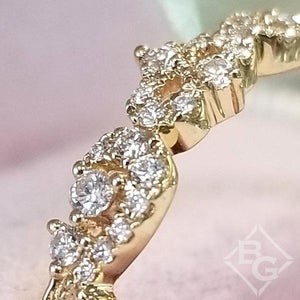 Kirk Kara Yellow Gold "Angelique" Diamond Scroll Work Diamond Wedding Ring Close up 