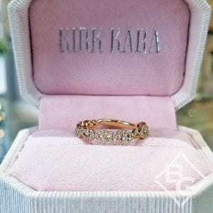 Kirk Kara Yellow Gold "Angelique" Diamond Scroll Work Diamond Wedding Ring Front View In Box