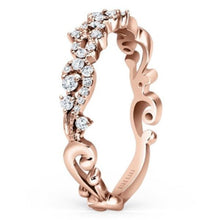 Load image into Gallery viewer, Kirk Kara Rose Gold &quot;Angelique&quot; Diamond Scroll Work Wedding Band Angled Side View
