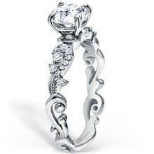Load image into Gallery viewer, Kirk Kara White Gold &quot;Angelique&quot; Diamond Scrollwork Engagement Ring Angled Side View
