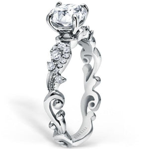 Kirk Kara White Gold "Angelique" Diamond Scrollwork Engagement Ring Angled Side View