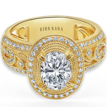 Load image into Gallery viewer, Kirk Kara Yellow Gold  &quot;Angelique&quot; Oval Halo Wide Scroll Work Diamond Engagement Ring Front View
