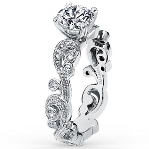 Kirk Kara White Gold "Angelique" Scroll Work Diamond Engagement Ring Angled Side View