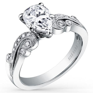 Kirk Kara White Gold "Angelique" Scroll Work Pear Cut Diamond Engagement Ring Angled Side View