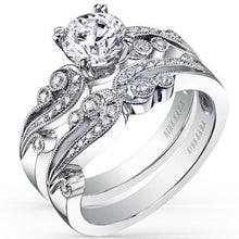 Load image into Gallery viewer, Kirk Kara White Gold &quot;Angelique&quot; Vintage Diamond Engagement Ring Set Angled Side View
