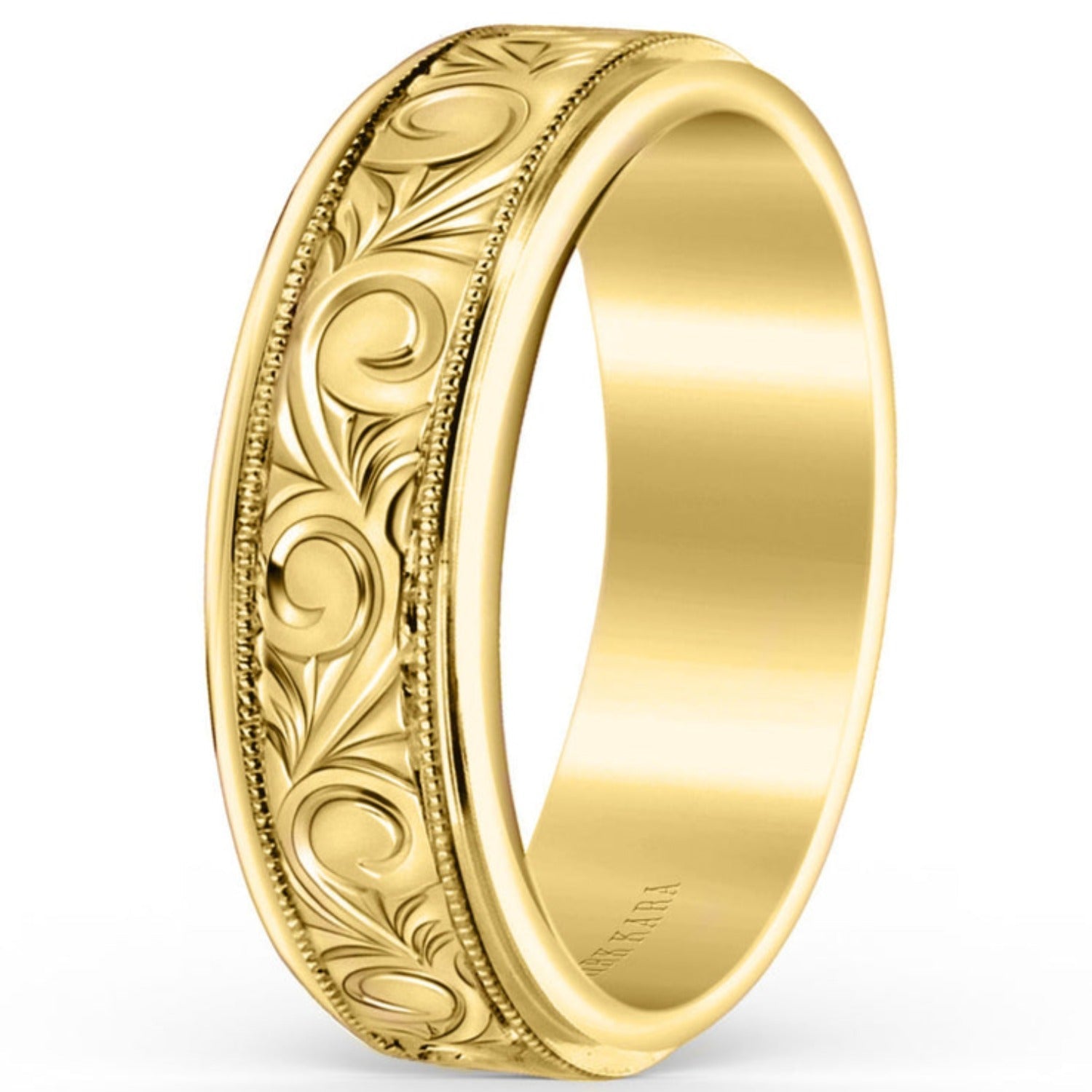 Two Tone Hand Engraved Mens Wedding Band In 14K Yellow Gold