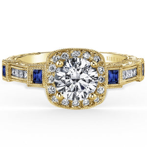 Kirk Kara "Carmella" Cushion Halo Baguette Station Blue Sapphire Diamond Engagement Ring