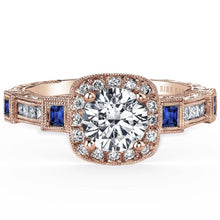 Load image into Gallery viewer, Kirk Kara &quot;Carmella&quot; Cushion Halo Baguette Station Blue Sapphire Diamond Engagement Ring
