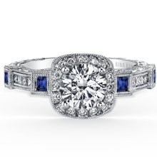 Load image into Gallery viewer, Kirk Kara &quot;Carmella&quot; Cushion Halo Baguette Station Blue Sapphire Diamond Engagement Ring
