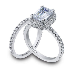 Kirk Kara White Gold "Carmella" Emerald Cut Halo Diamond Engagement Ring Set Angled Side View