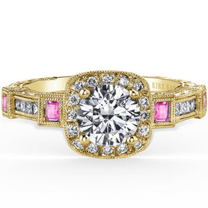 Kirk Kara Yellow Gold "Carmella" Pink Sapphire Bezel Set Halo Diamond Engagement Ring Front View