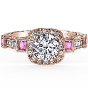 Kirk Kara Rose Gold "Carmella" Pink Sapphire Bezel Set Halo Diamond Engagement Ring Front View 