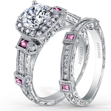 Load image into Gallery viewer, Kirk Kara White Gold &quot;Carmella&quot; Pink Sapphire Bezel Set Halo Diamond Engagement Ring Set Angled Side View
