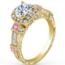 Load image into Gallery viewer, Kirk Kara Yellow Gold &quot;Carmella&quot; Pink Sapphire Bezel Set Halo Diamond Engagement Ring Angled Side View
