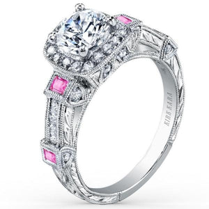 Kirk Kara White Gold "Carmella" Pink Sapphire Bezel Set Halo Diamond Engagement Ring Angled Side View