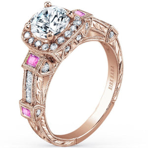 Kirk Kara Rose Gold "Carmella" Pink Sapphire Bezel Set Halo Diamond Engagement Ring Angled Side View 