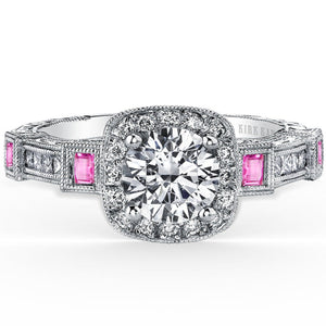 Kirk Kara White Gold "Carmella" Pink Sapphire Bezel Set Halo Diamond Engagement Ring Front View