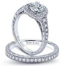 Load image into Gallery viewer, Kirk Kara White Gold &quot;Carmella&quot; Round Cut Halo Diamond Engagement Ring Set Angled Side View
