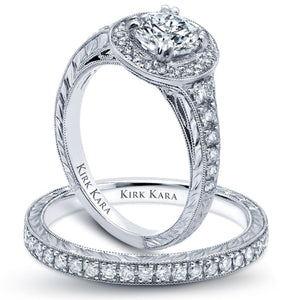 Kirk Kara White Gold "Carmella" Round Cut Halo Diamond Engagement Ring Set Angled Side View