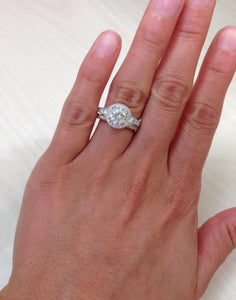 Kirk Kara White Gold "Carmella" Round Cut Halo Diamond Engagement Ring  On Model Hand