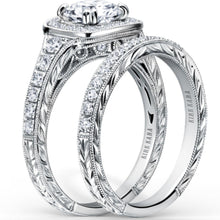 Load image into Gallery viewer, Kirk Kara &quot;Carmella&quot; Round Cut Halo Diamond Engagement Ring Set Angled Side View
