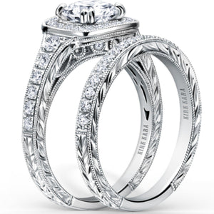 Kirk Kara "Carmella" Round Cut Halo Diamond Engagement Ring Set Angled Side View