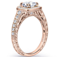 Load image into Gallery viewer, Kirk Kara Rose Gold &quot;Carmella&quot; Round Cut Halo Diamond Engagement Ring Angled Side View
