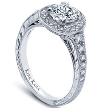 Load image into Gallery viewer, Kirk Kara White Gold &quot;Carmella&quot; Round Cut Halo Diamond Engagement Ring Angled Side View
