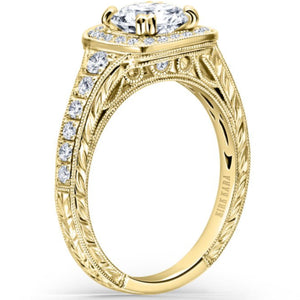 Kirk Kara Yellow Gold "Carmella" Round Cut Halo Diamond Engagement Ring Angled Side View