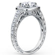 Load image into Gallery viewer, Kirk Kara White Gold &quot;Carmella&quot; Round Cut Halo Diamond Engagement Ring  Angled Side View 
