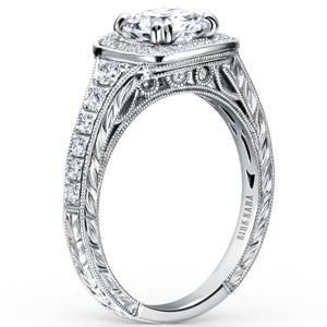 Kirk Kara White Gold "Carmella" Round Cut Halo Diamond Engagement Ring  Angled Side View 