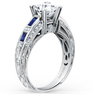 Kirk Kara White Gold "Charlotte" Baguette Cut Blue Sapphire Diamond Engagement Ring Angled Side View