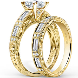 Kirk Kara Yellow Gold "Charlotte" Baguette Cut Diamond Engagement Ring Set Angled Side View 