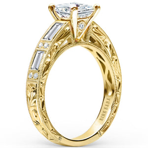 Kirk Kara Yellow Gold "Charlotte" Baguette Cut Diamond Engagement Ring Angled Side View
