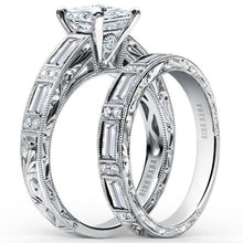 Load image into Gallery viewer, Kirk Kara White Gold &quot;Charlotte&quot; Baguette Cut Diamond Engagement Ring Set Angled Side View
